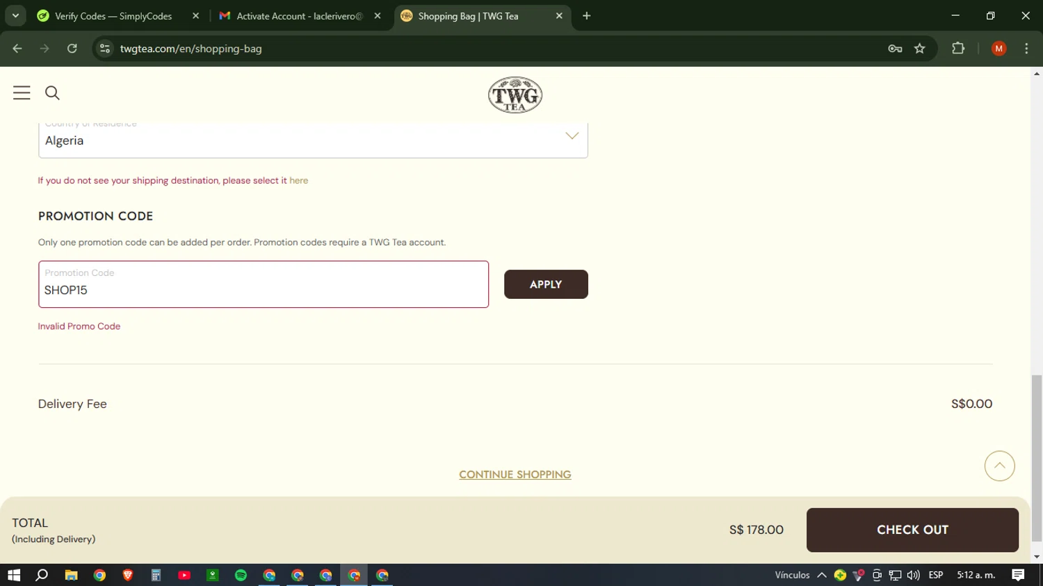 TWG Tea promo code screenshot showing code SHOP15 applied at TWG Tea checkout page. Uploaded by SimplyCodes community member NobleSentinel6058 on Feb 10, 2025