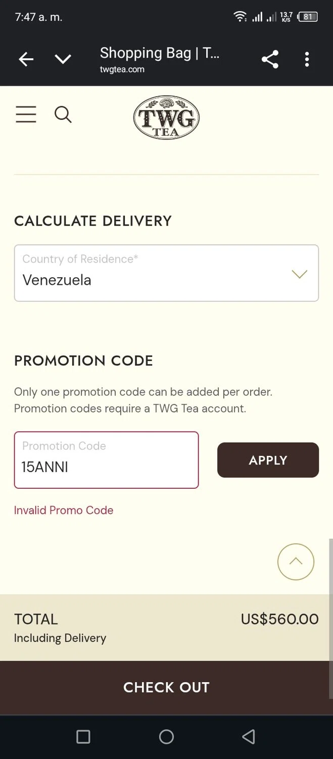 TWG Tea promo code screenshot showing code 15ANNI applied at TWG Tea checkout page. Uploaded by SimplyCodes community member Miggy2024 on Sep 26, 2025