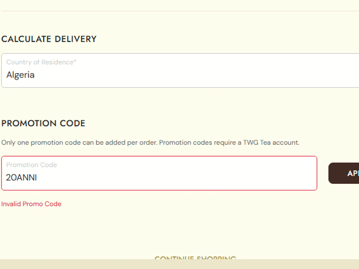 TWG Tea promo code screenshot showing code 20ANNI applied at TWG Tea checkout page. Uploaded by SimplyCodes community member a2d2c2d211 on Sep 26, 2025