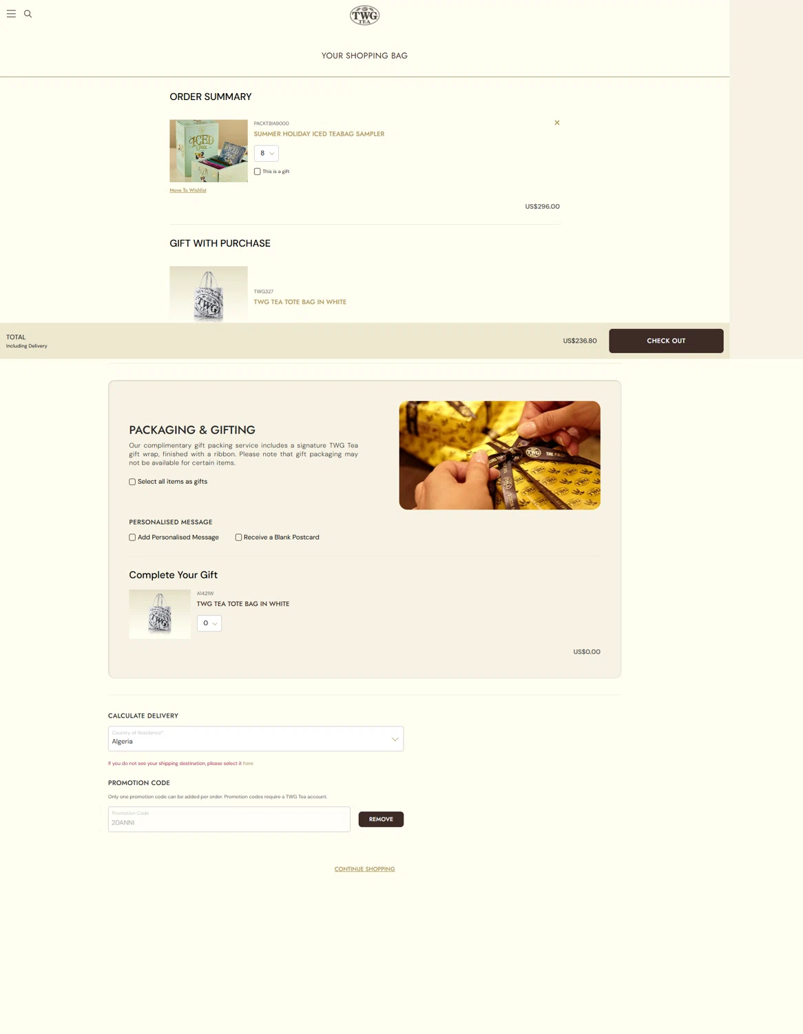 TWG Tea promo code screenshot showing code 20ANNI applied at TWG Tea checkout page. Uploaded by SimplyCodes community member Serdanvz on Aug 28, 2025