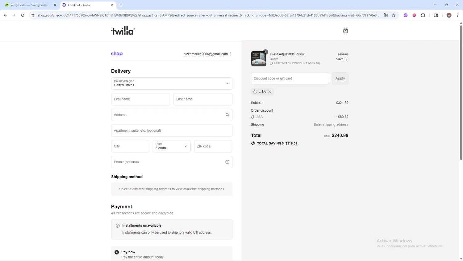 Twilla promo code screenshot showing code Lisa applied at Twilla checkout page. Uploaded by SimplyCodes community member SwiftSage2309 on Sep 9, 2025