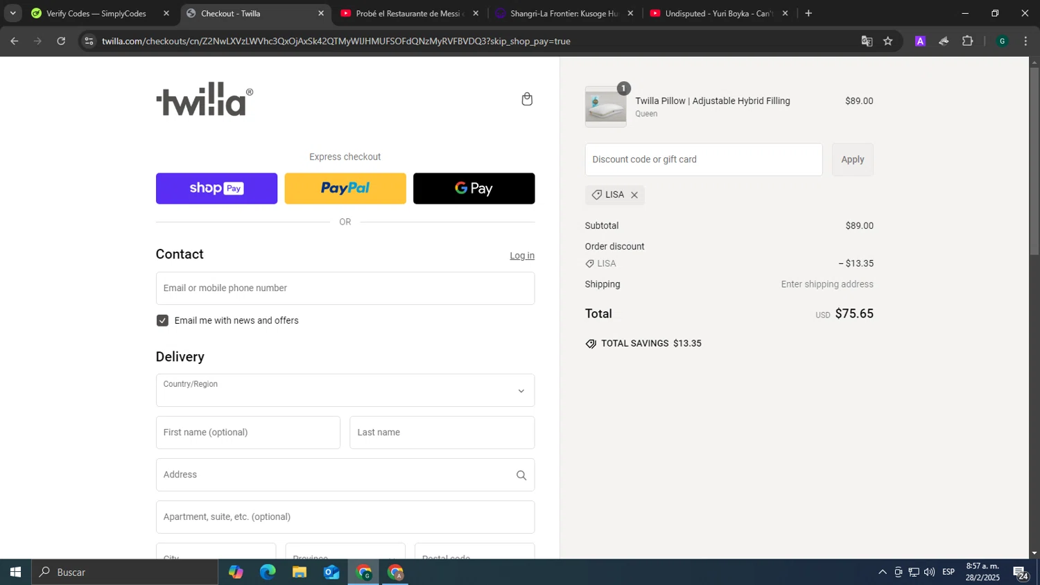 Twilla promo code screenshot showing code Lisa applied at Twilla checkout page. Uploaded by SimplyCodes community member tonikros on Feb 28, 2025