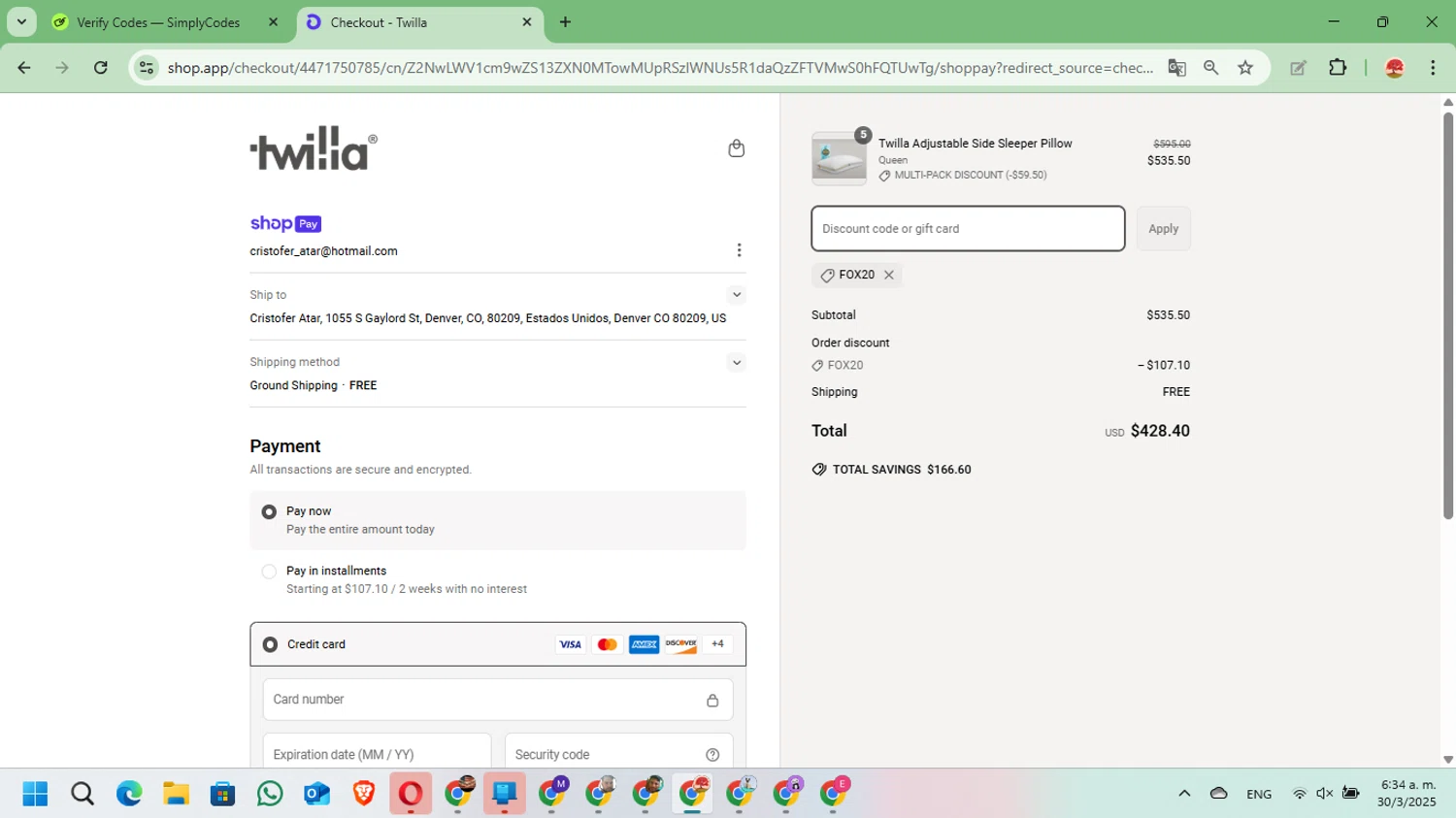 Twilla promo code screenshot showing code FOX20 applied at Twilla checkout page. Uploaded by SimplyCodes community member Mari_perez on Mar 30, 2025