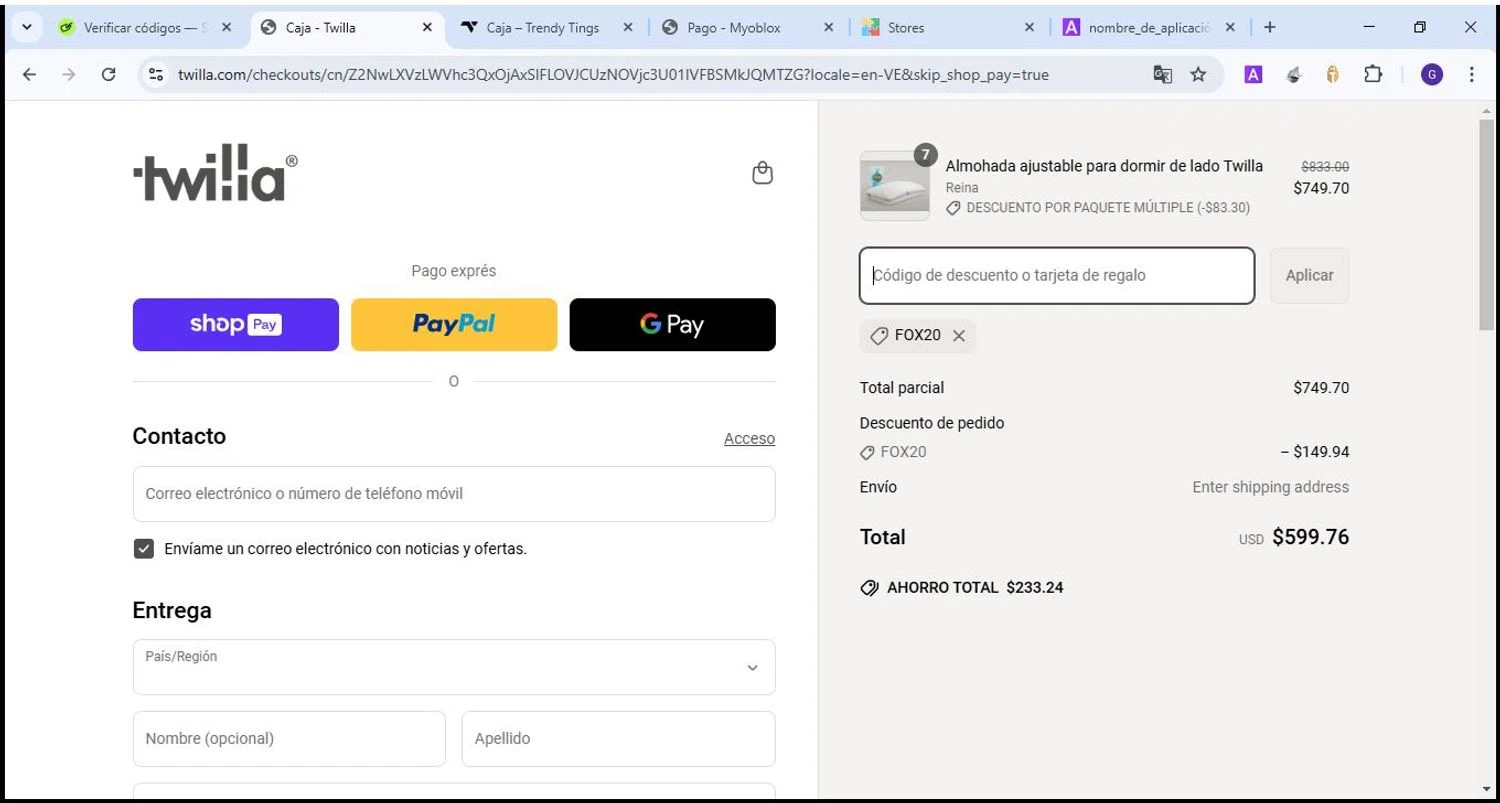 Twilla promo code screenshot showing code FOX20 applied at Twilla checkout page. Uploaded by SimplyCodes community member Theking on Mar 30, 2025