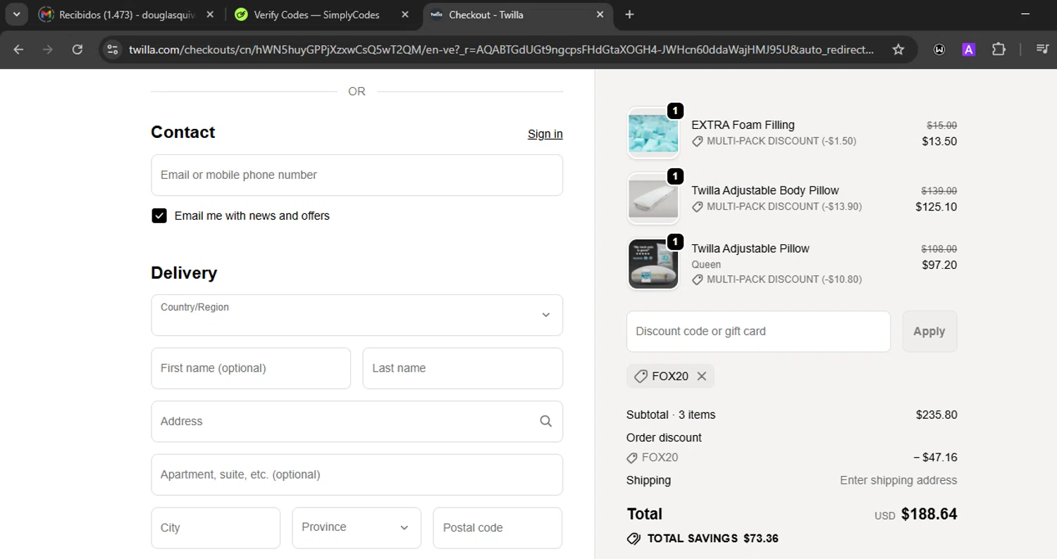 Twilla promo code screenshot showing code FOX20 applied at Twilla checkout page. Uploaded by SimplyCodes community member WiseLegend5590 on Nov 25, 2025