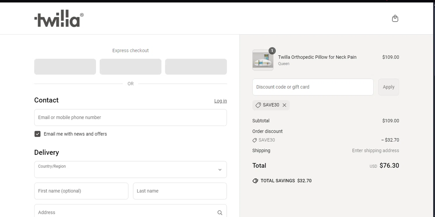 Twilla promo code screenshot showing code SAVE30 applied at Twilla checkout page. Uploaded by SimplyCodes community member GoldSeeker7901 on Jun 4, 2025