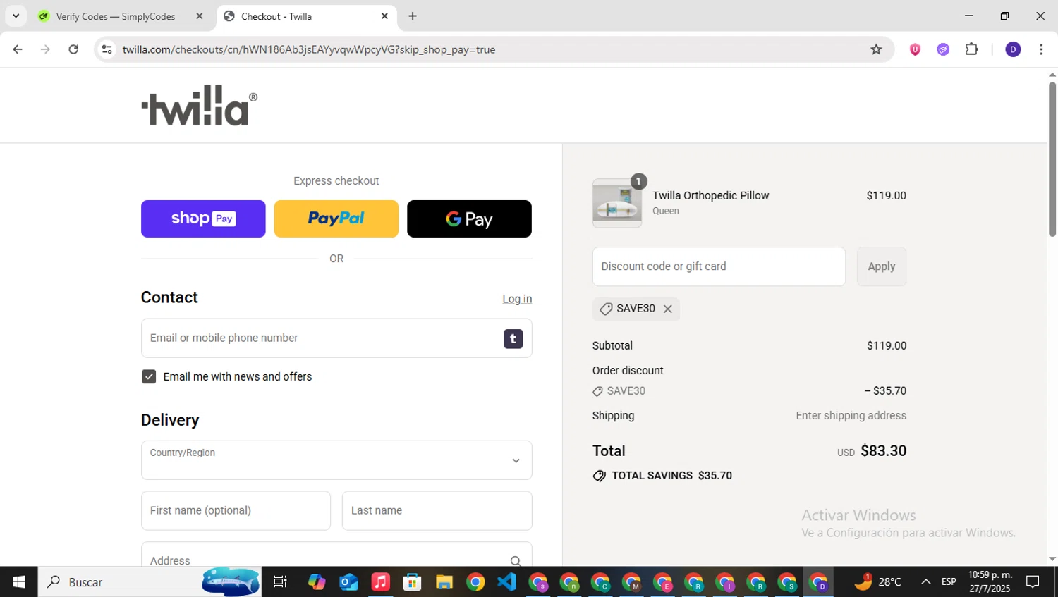 Twilla promo code screenshot showing code SAVE30 applied at Twilla checkout page. Uploaded by SimplyCodes community member PrimeNavigator3251 on Jul 28, 2025