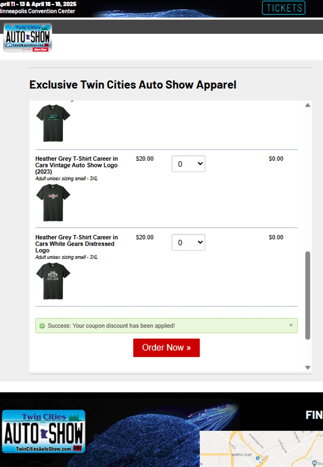 Twin Cities Auto Show checkout page showing Twin Cities Auto Show promo code box | Screenshot taken by SimplyCodes community member on Mar 17, 2025