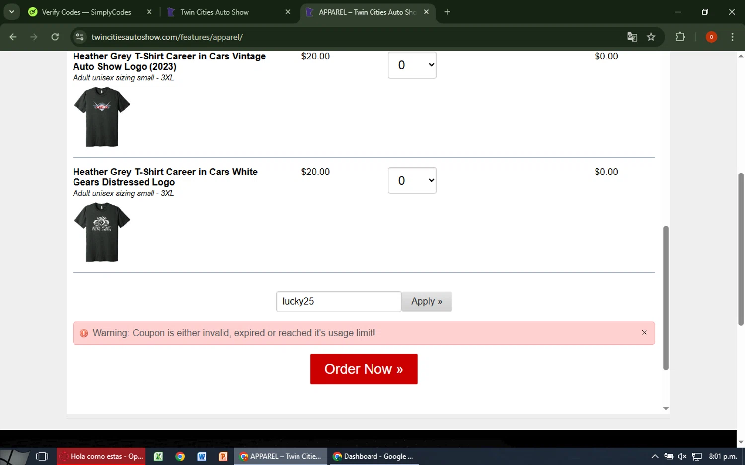 Twin Cities Auto Show promo code screenshot showing code lucky25 applied at Twin Cities Auto Show checkout page. Uploaded by SimplyCodes community member CashAdmiral6490 on Mar 21, 2025