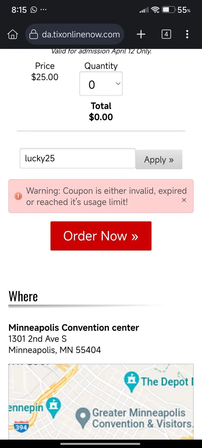 Twin Cities Auto Show promo code screenshot showing code lucky25 applied at Twin Cities Auto Show checkout page. Uploaded by SimplyCodes community member cuenta03 on Mar 21, 2025