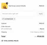 JUSTINEFAUNI coupon verification screenshot