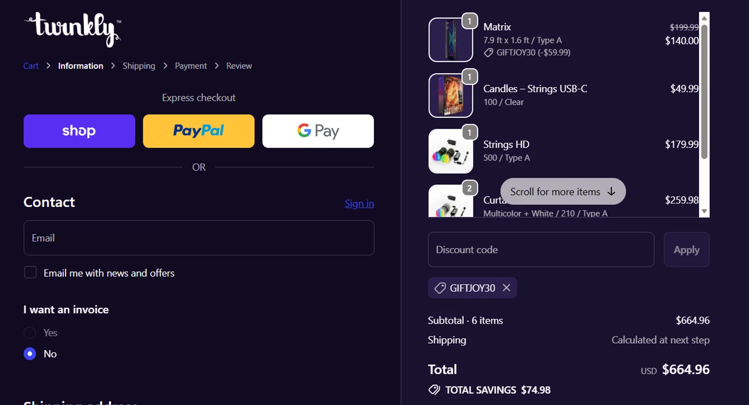Twinkly checkout page showing Twinkly discount code box | Screenshot taken by SimplyCodes community member on Nov 16, 2025