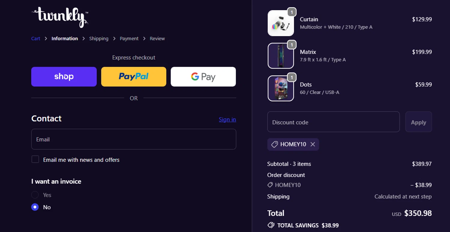 Twinkly discount code screenshot showing code HOMEY10 applied at Twinkly checkout page. Uploaded by SimplyCodes community member jesspea on Dec 8, 2025