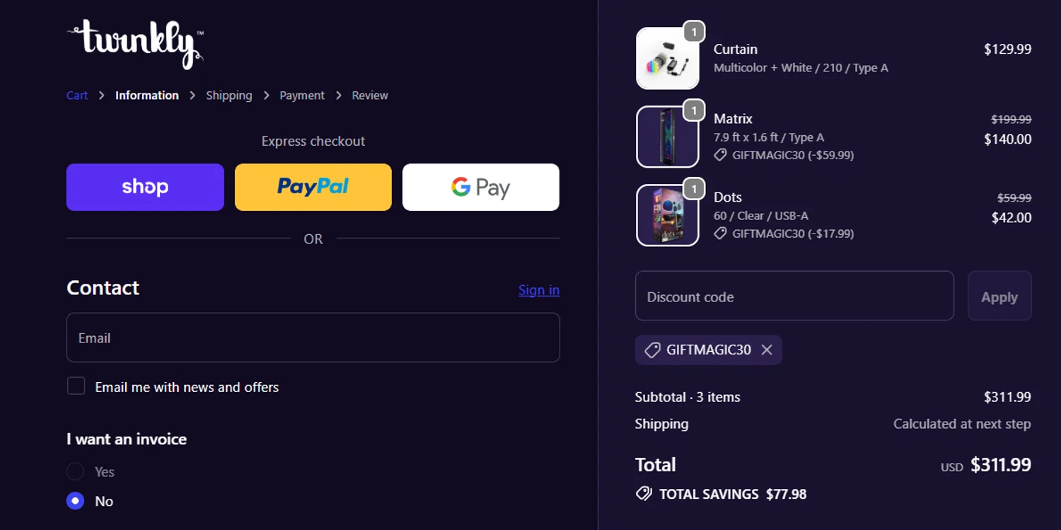 Twinkly discount code screenshot showing code GIFTMAGIC30 applied at Twinkly checkout page. Uploaded by SimplyCodes community member jesspea on Dec 9, 2025