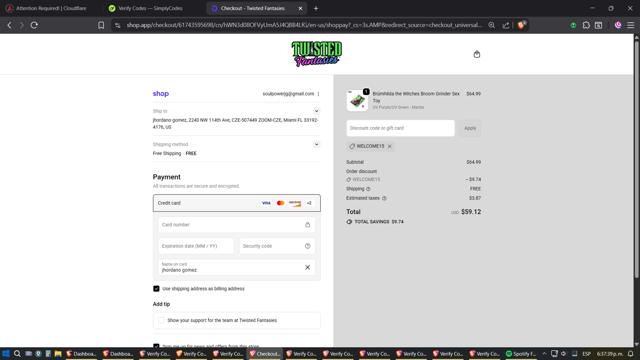 Twisted Fantasies checkout page showing Twisted Fantasies promo code box | Screenshot taken by SimplyCodes community member on Oct 1, 2025
