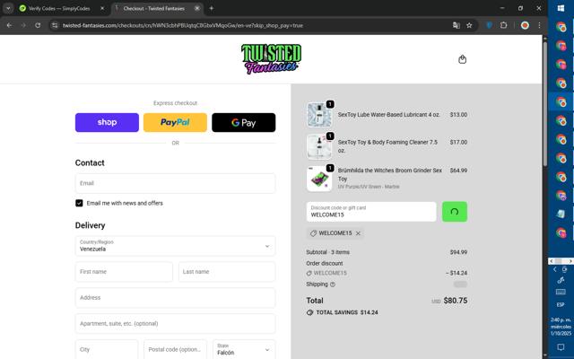 Twisted Fantasies checkout page showing Twisted Fantasies promo code box | Screenshot taken by SimplyCodes community member on Oct 1, 2025