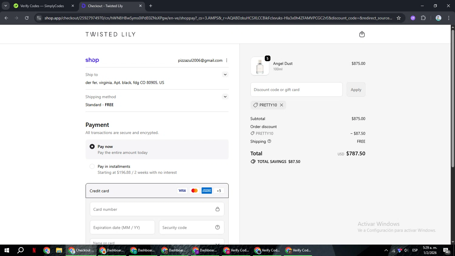 Twisted Lily promo code screenshot showing code PRETTY10 applied at Twisted Lily checkout page. Uploaded by SimplyCodes community member ShrewdSeeker6165 on Feb 1, 2026