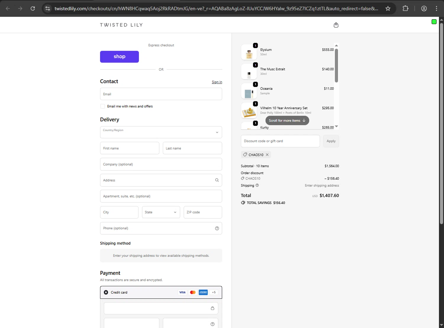 Twisted Lily promo code screenshot showing code CHAOS10 applied at Twisted Lily checkout page. Uploaded by SimplyCodes community member ShrewdDefender8496 on Feb 1, 2026