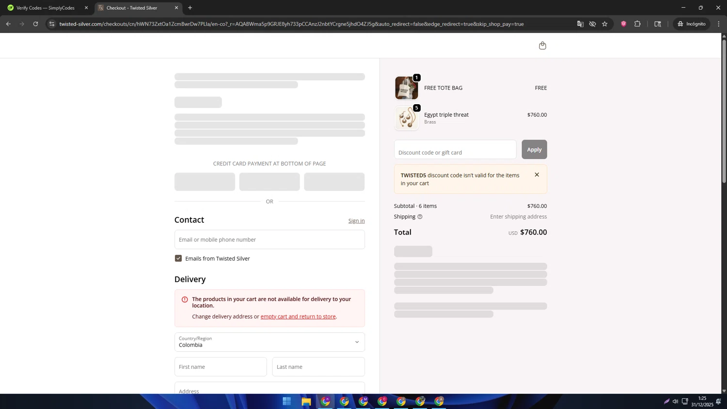 Twisted Silver discount code screenshot showing code TWISTED5 applied at Twisted Silver checkout page. Uploaded by SimplyCodes community member AVAMUSTANG on Dec 31, 2025