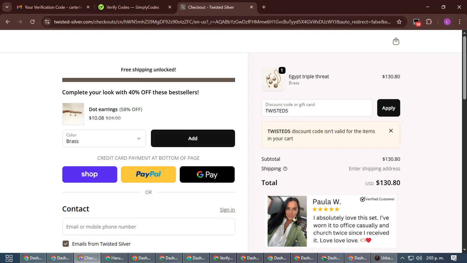Twisted Silver discount code screenshot showing code TWISTED5 applied at Twisted Silver checkout page. Uploaded by SimplyCodes community member RewardScout5160 on Nov 27, 2025