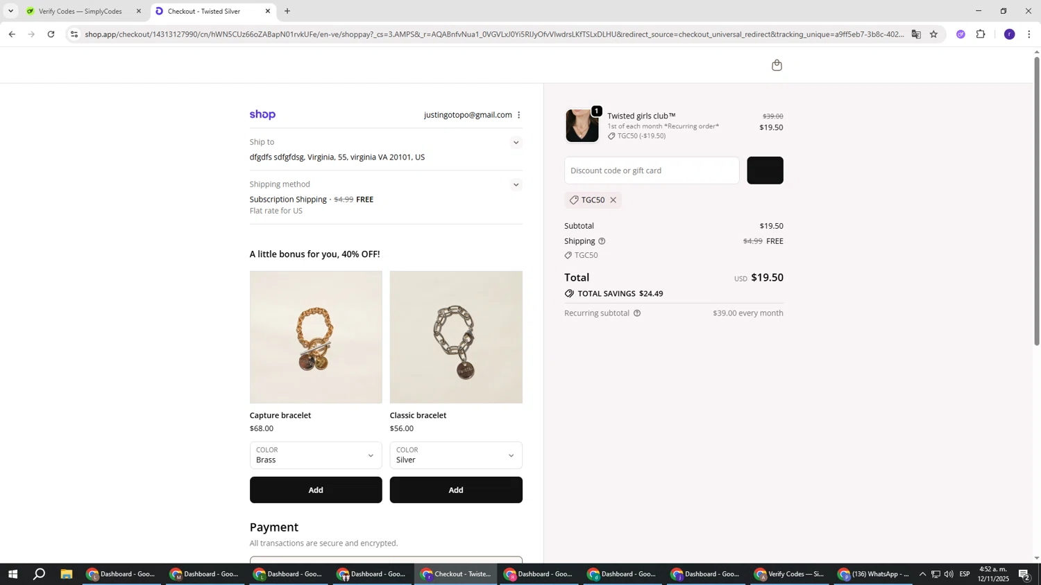 Twisted Silver discount code screenshot showing code TGC50 applied at Twisted Silver checkout page. Uploaded by SimplyCodes community member AberthGotopo on Nov 12, 2025