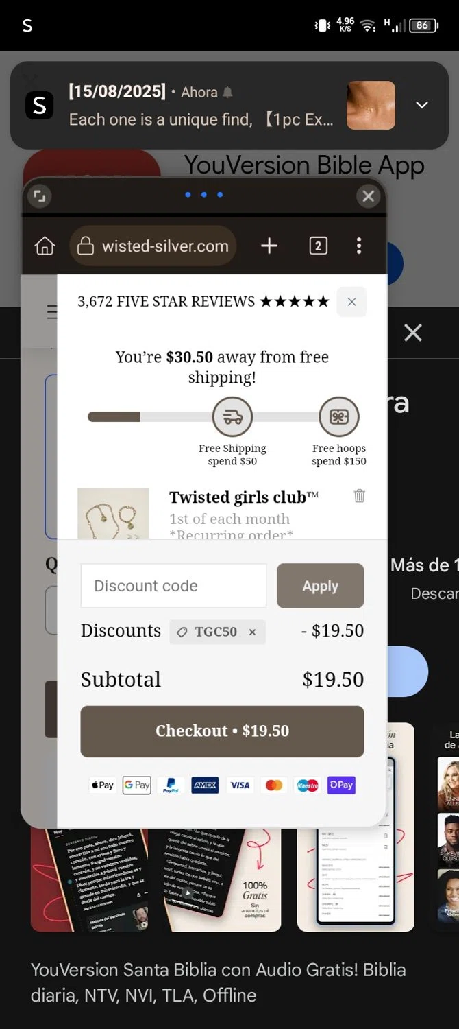 Twisted Silver discount code screenshot showing code TGC50 applied at Twisted Silver checkout page. Uploaded by SimplyCodes community member YUPINEITOR on Aug 15, 2025