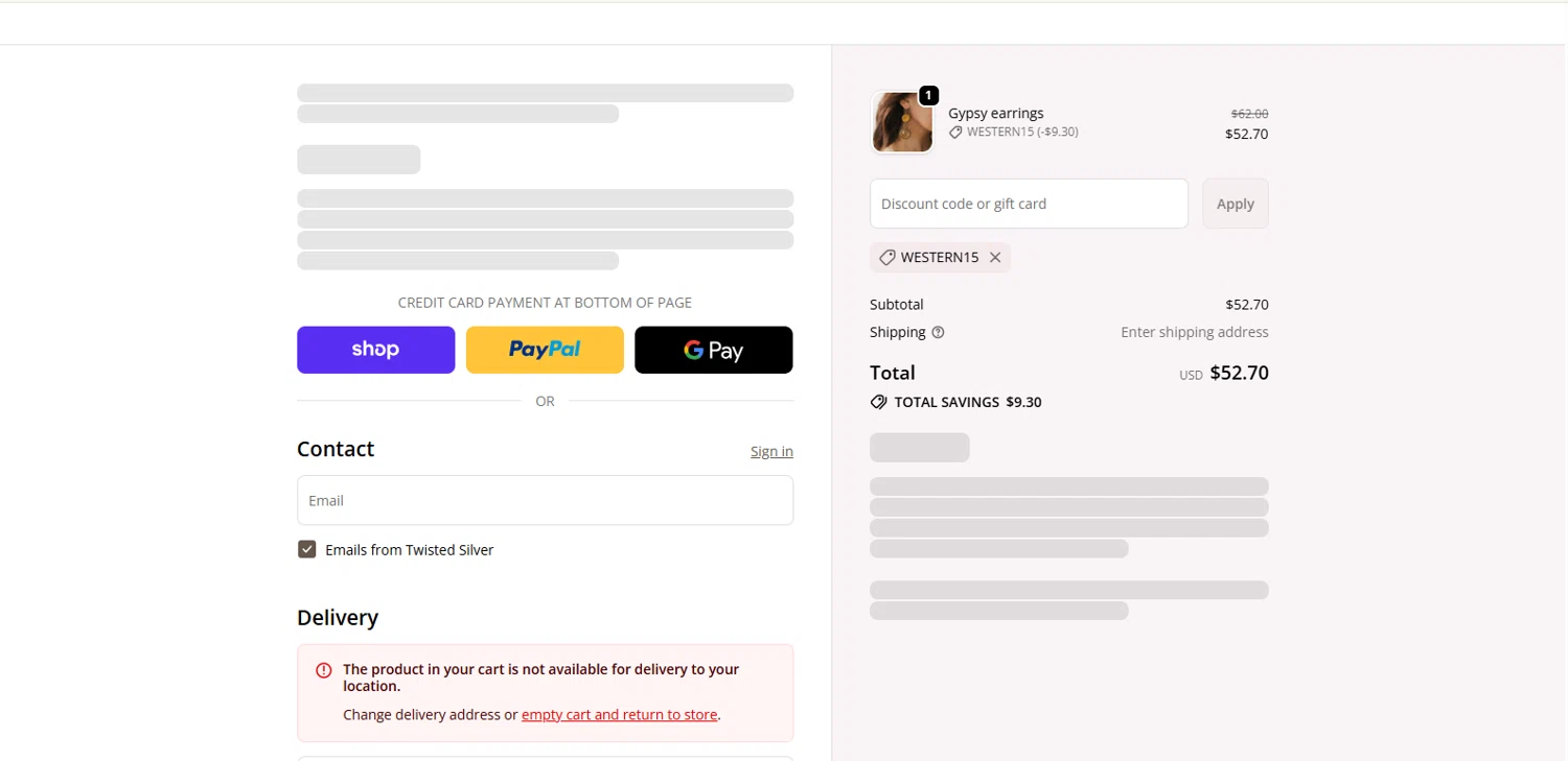 Twisted Silver discount code screenshot showing code WESTERN15 applied at Twisted Silver checkout page. Uploaded by SimplyCodes community member kalltrom21 on Nov 17, 2025