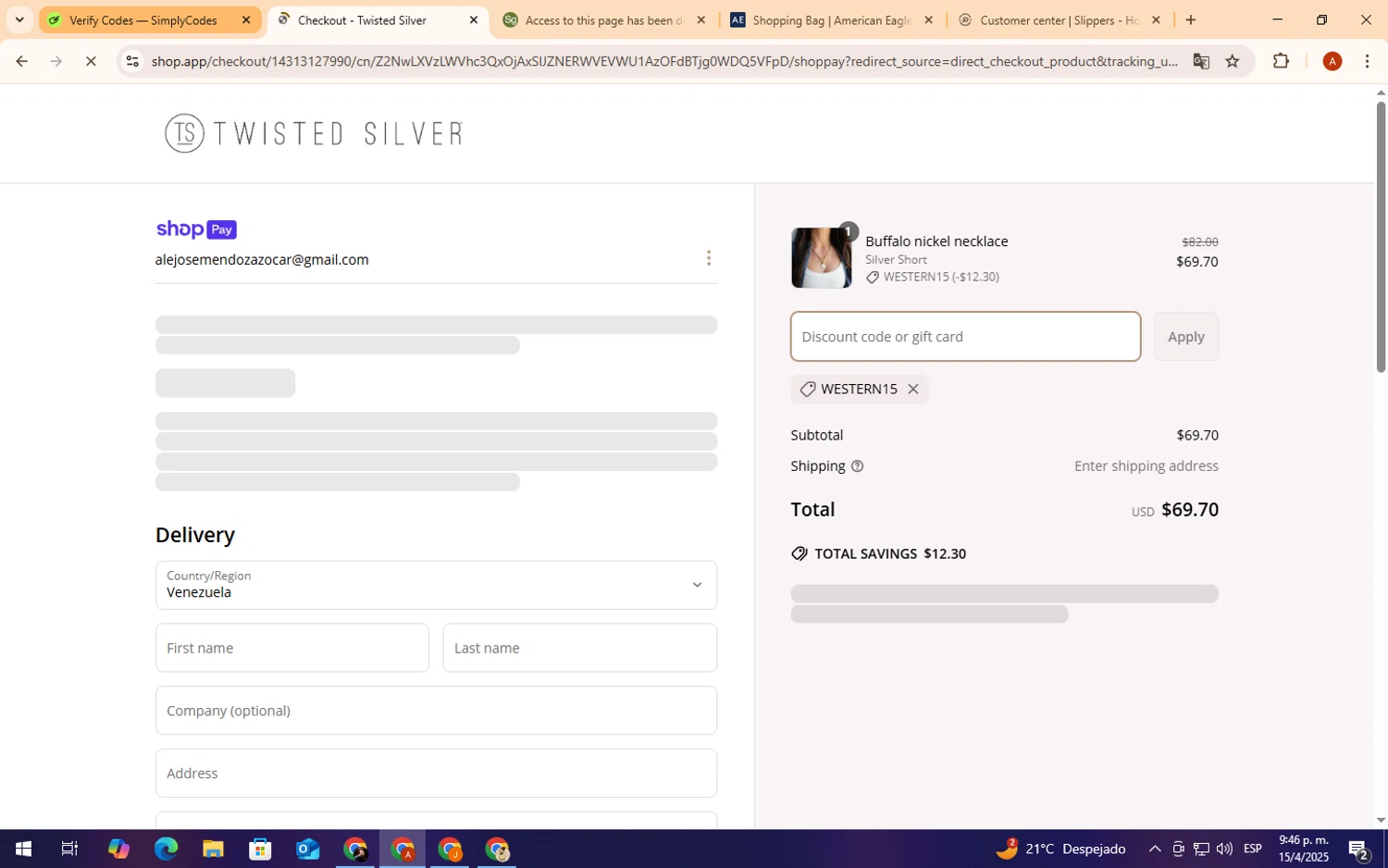 Twisted Silver discount code screenshot showing code WESTERN15 applied at Twisted Silver checkout page. Uploaded by SimplyCodes community member CryBabyy on Apr 16, 2025