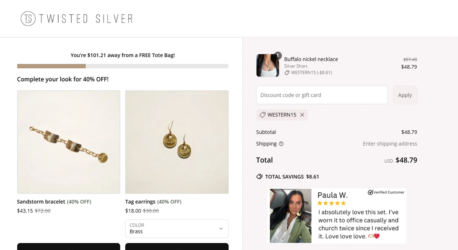 Twisted Silver discount code screenshot showing code WESTERN15 applied at Twisted Silver checkout page. Uploaded by SimplyCodes community member Gaby04 on May 1, 2025