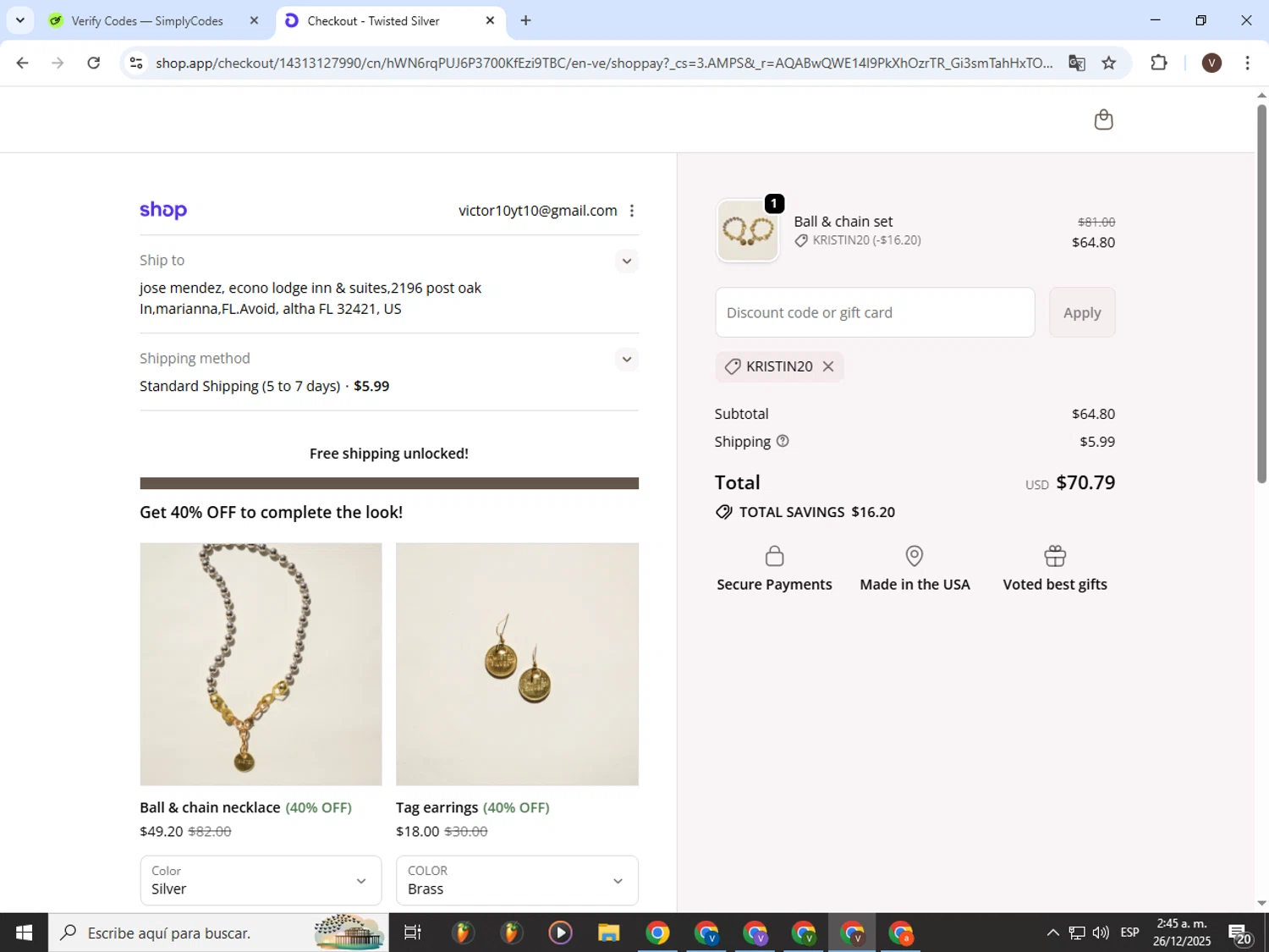 Twisted Silver discount code screenshot showing code Kristin20 applied at Twisted Silver checkout page. Uploaded by SimplyCodes community member CashLion3448 on Dec 26, 2025