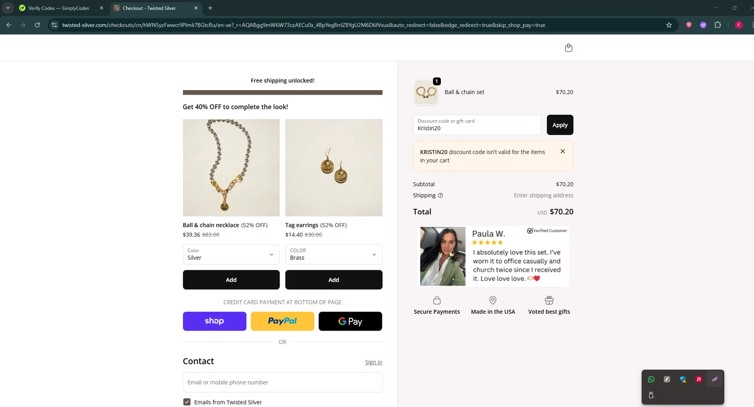 Twisted Silver discount code screenshot showing code Kristin20 applied at Twisted Silver checkout page. Uploaded by SimplyCodes community member ExtraordinaryVirtuoso281 on Dec 2, 2025