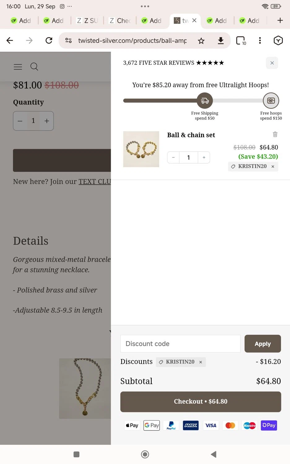 Twisted Silver discount code screenshot showing code Kristin20 applied at Twisted Silver checkout page. Uploaded by SimplyCodes community member KarinaHZ on Sep 29, 2025