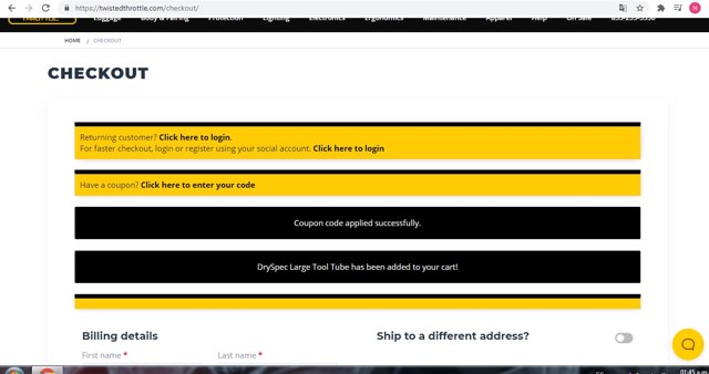 Twisted Throttle checkout page showing Twisted Throttle promo code box | Screenshot taken by SimplyCodes community member on Dec 11, 2020