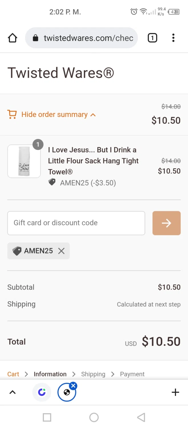 Twisted Wares checkout page showing Twisted Wares discount code box | Screenshot taken by SimplyCodes community member on Apr 2, 2022