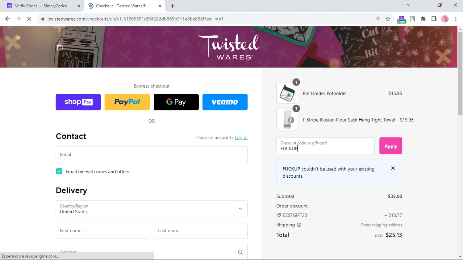Twisted Wares checkout page showing Twisted Wares discount code box | Screenshot taken by SimplyCodes community member on Dec 2, 2023