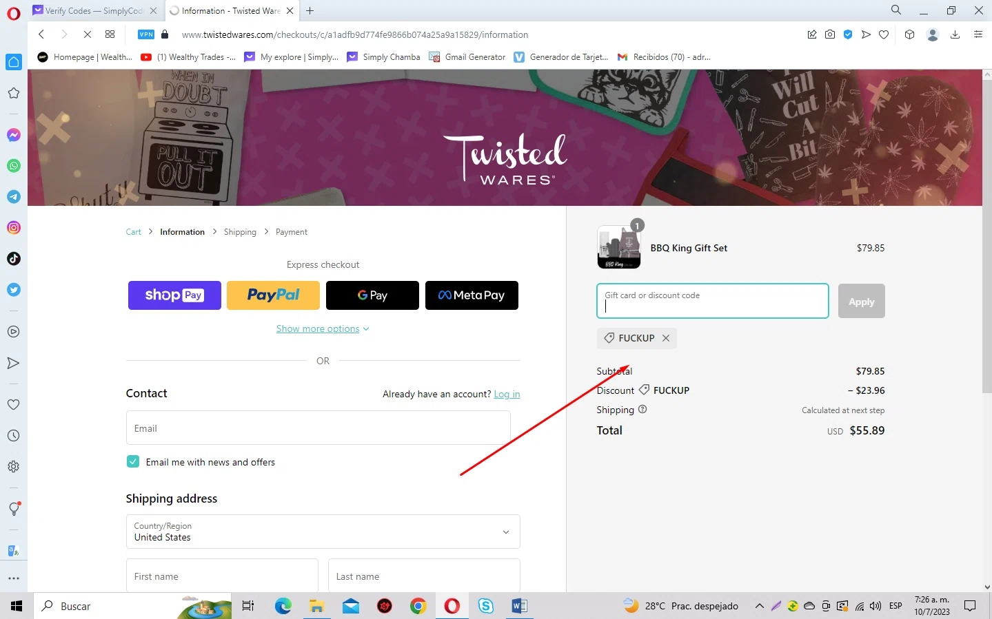 Twisted Wares checkout page showing Twisted Wares discount code box | Screenshot taken by SimplyCodes community member on Jul 10, 2023