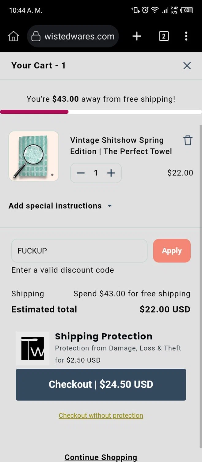 Twisted Wares discount code screenshot showing code FUCKUP applied at Twisted Wares checkout page. Uploaded by SimplyCodes community member RoyalSleuth5202 on Feb 27, 2025