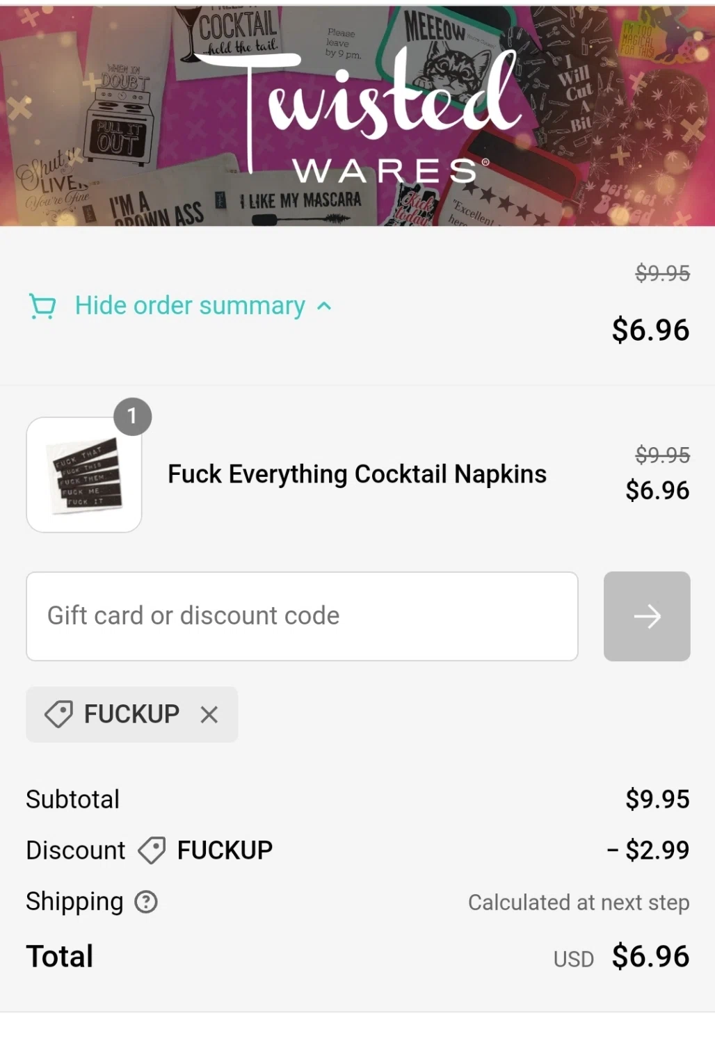 Twisted Wares checkout page showing Twisted Wares discount code box | Screenshot taken by SimplyCodes community member on Apr 14, 2023