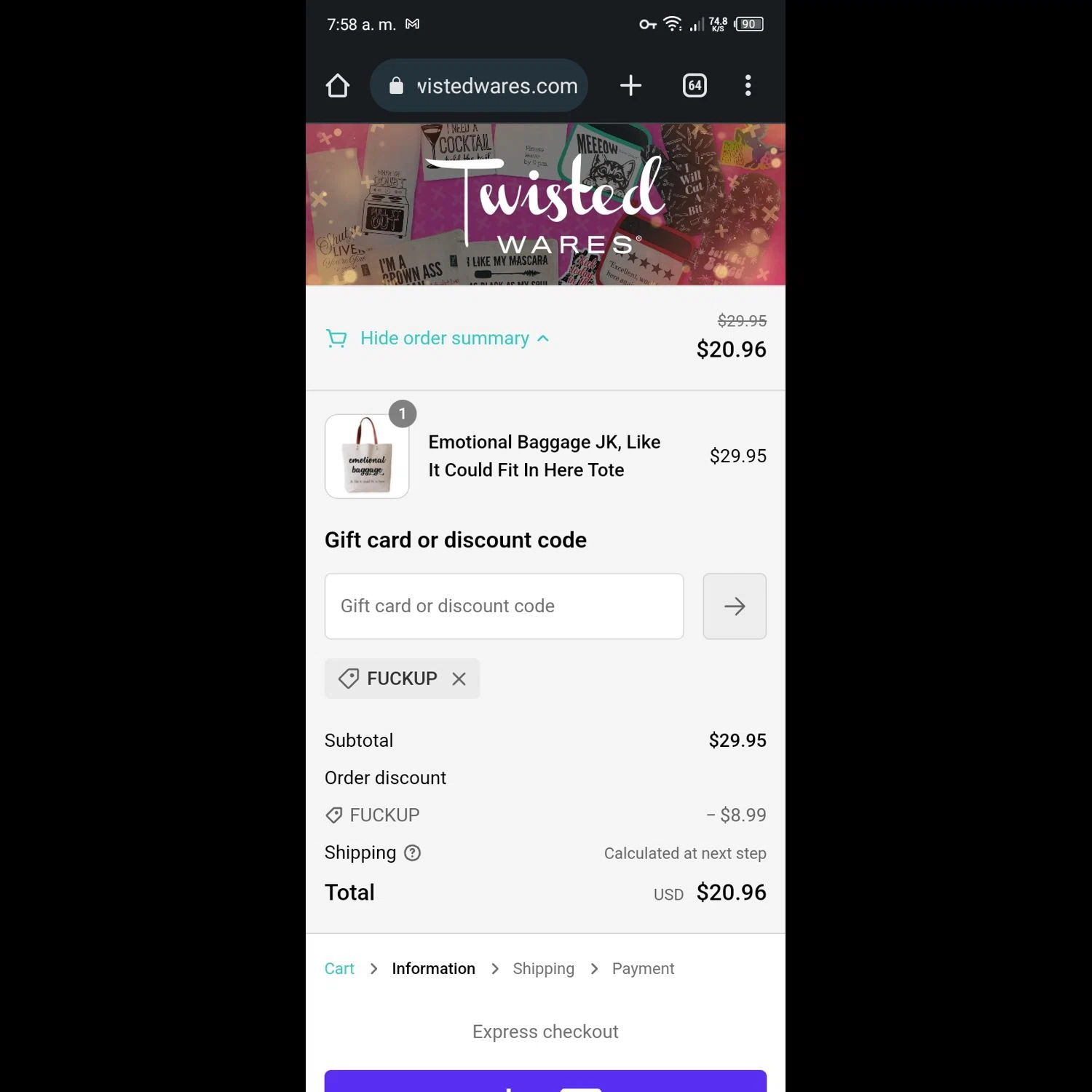 Twisted Wares checkout page showing Twisted Wares discount code box | Screenshot taken by SimplyCodes community member on Sep 6, 2023