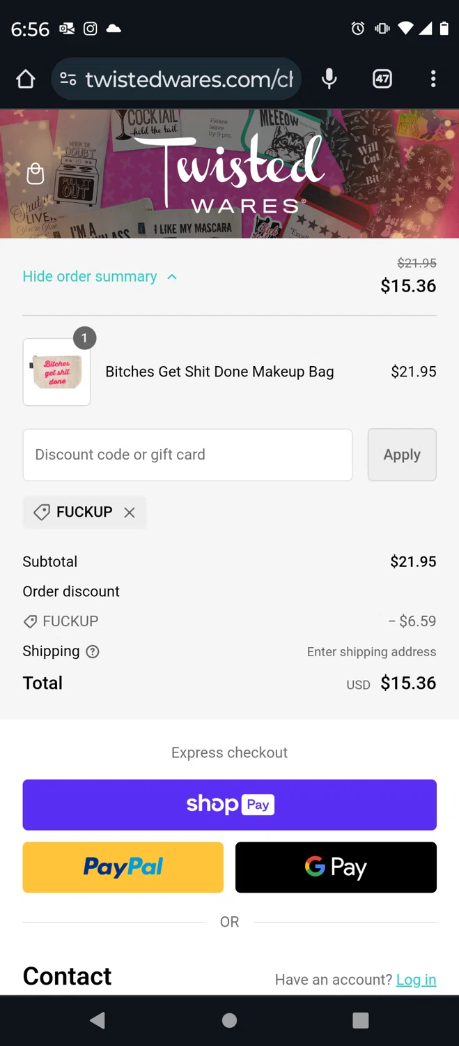 Twisted Wares checkout page showing Twisted Wares discount code box | Screenshot taken by SimplyCodes community member on Nov 3, 2023