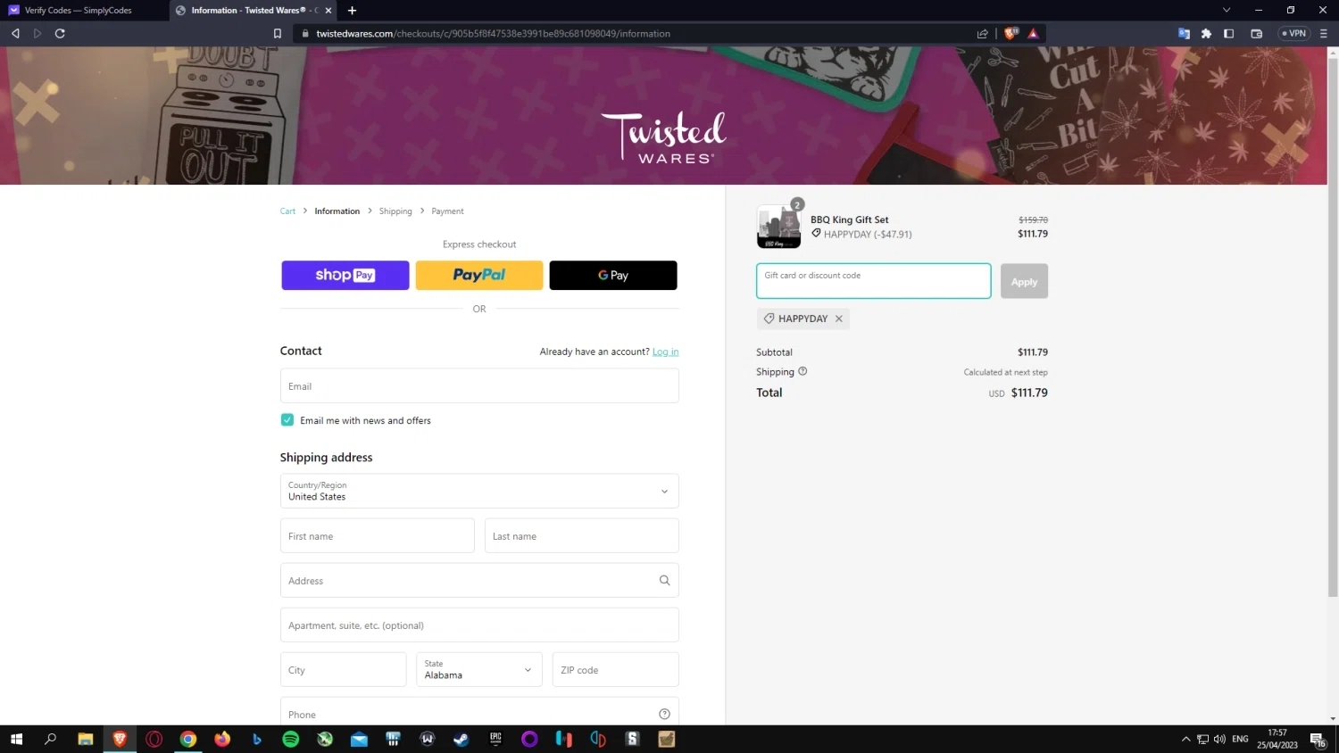 Twisted Wares checkout page showing Twisted Wares discount code box | Screenshot taken by SimplyCodes community member on Apr 25, 2023