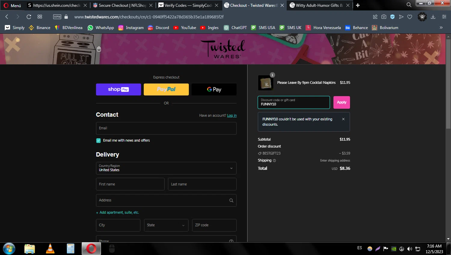 Twisted Wares checkout page showing Twisted Wares discount code box | Screenshot taken by SimplyCodes community member on Dec 5, 2023