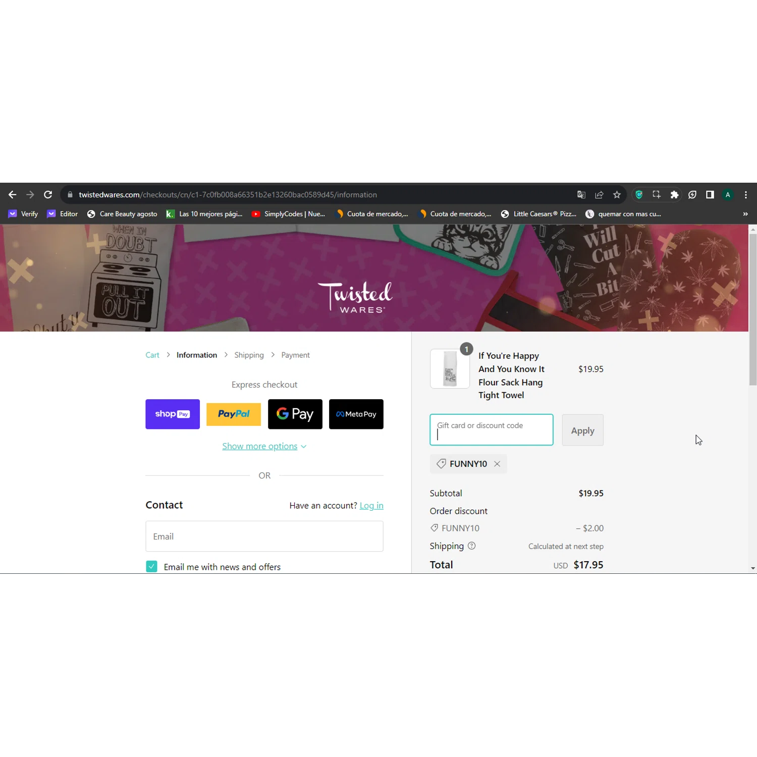 Twisted Wares checkout page showing Twisted Wares discount code box | Screenshot taken by SimplyCodes community member on Sep 9, 2023