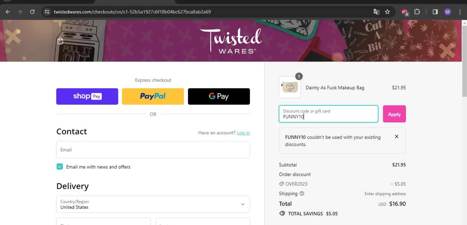 Twisted Wares checkout page showing Twisted Wares discount code box | Screenshot taken by SimplyCodes community member on Feb 1, 2024