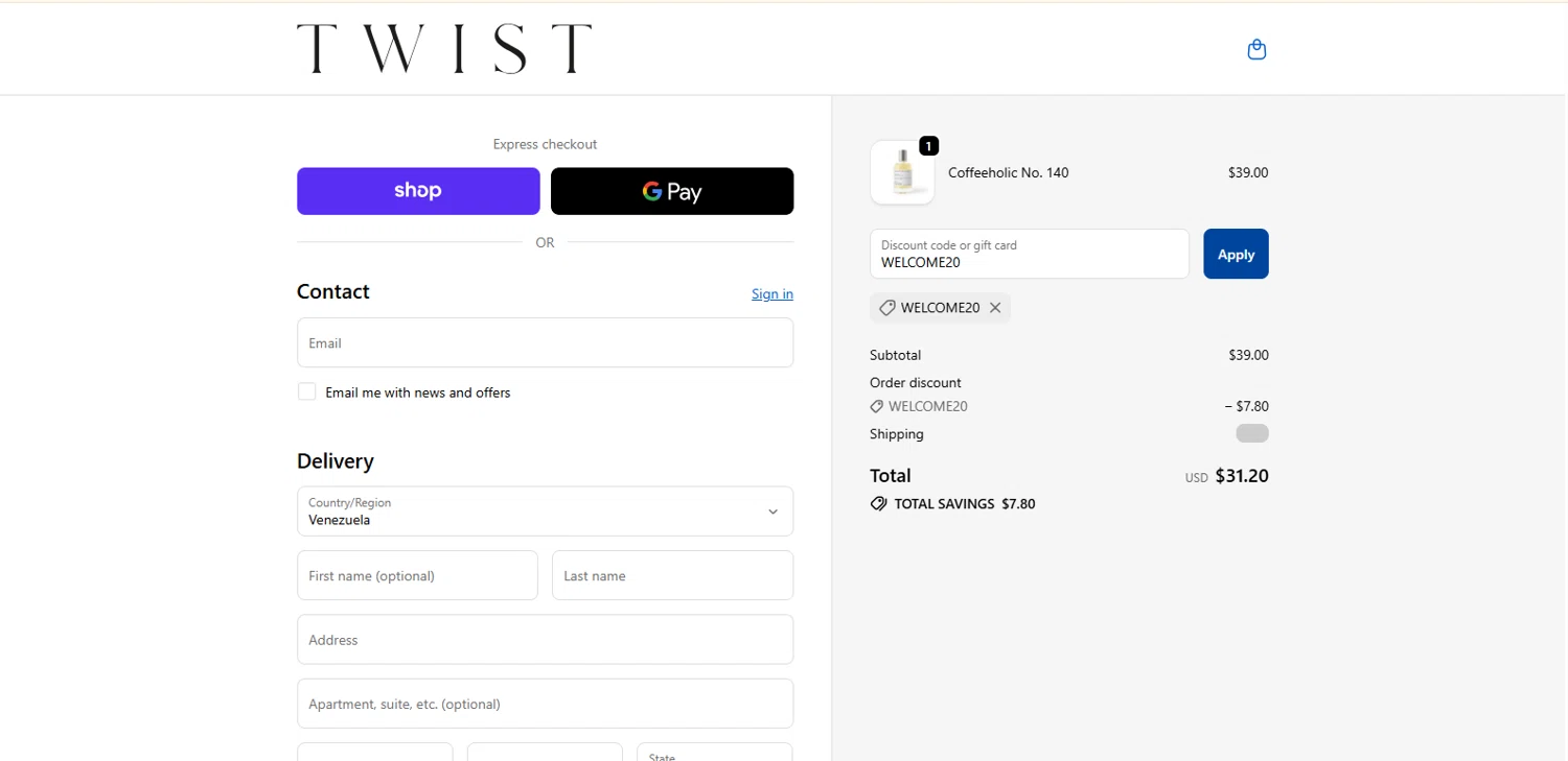 Twist Perfumes promo code screenshot showing code WELCOME20 applied at Twist Perfumes checkout page. Uploaded by SimplyCodes community member Alydrop on Nov 17, 2025