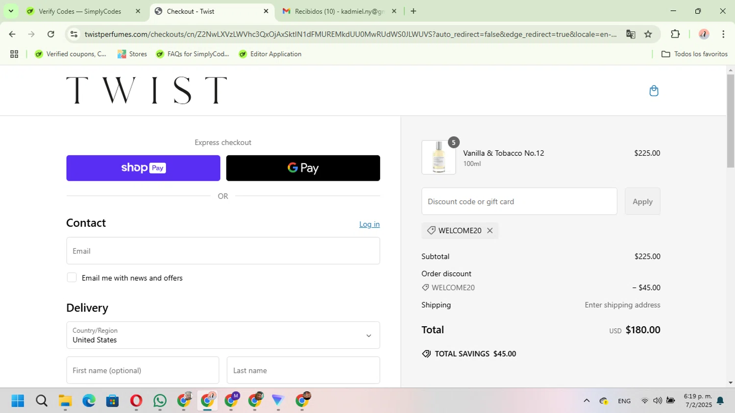 Twist Perfumes promo code screenshot showing code WELCOME20 applied at Twist Perfumes checkout page. Uploaded by SimplyCodes community member Mari_perez on Feb 7, 2025