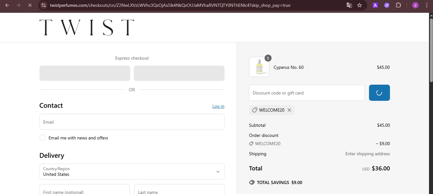 Twist Perfumes promo code screenshot showing code WELCOME20 applied at Twist Perfumes checkout page. Uploaded by SimplyCodes community member PennyTiger4891 on Jun 21, 2025