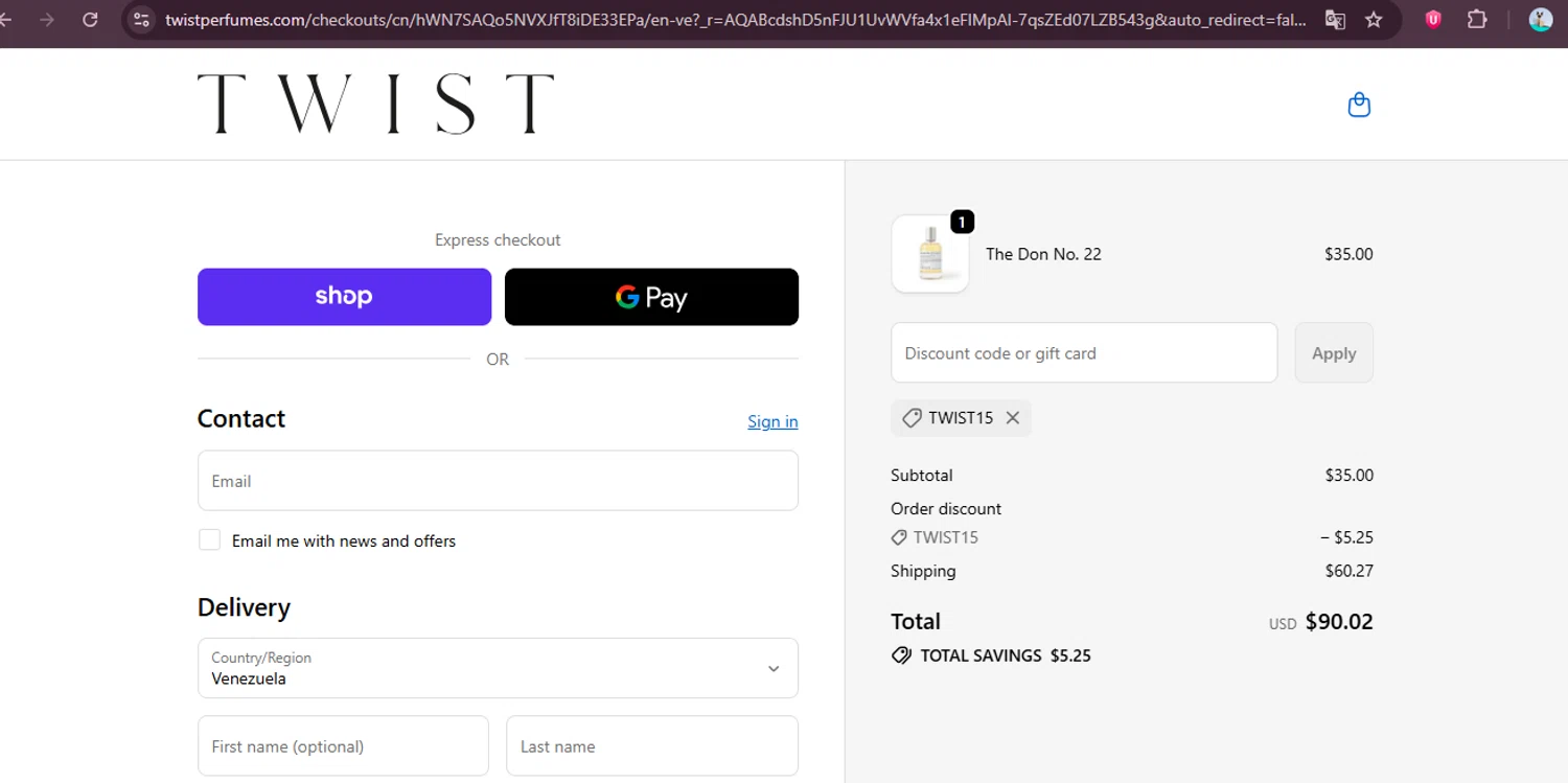 Twist Perfumes checkout page showing Twist Perfumes promo code box | Screenshot taken by SimplyCodes community member on Jan 10, 2026