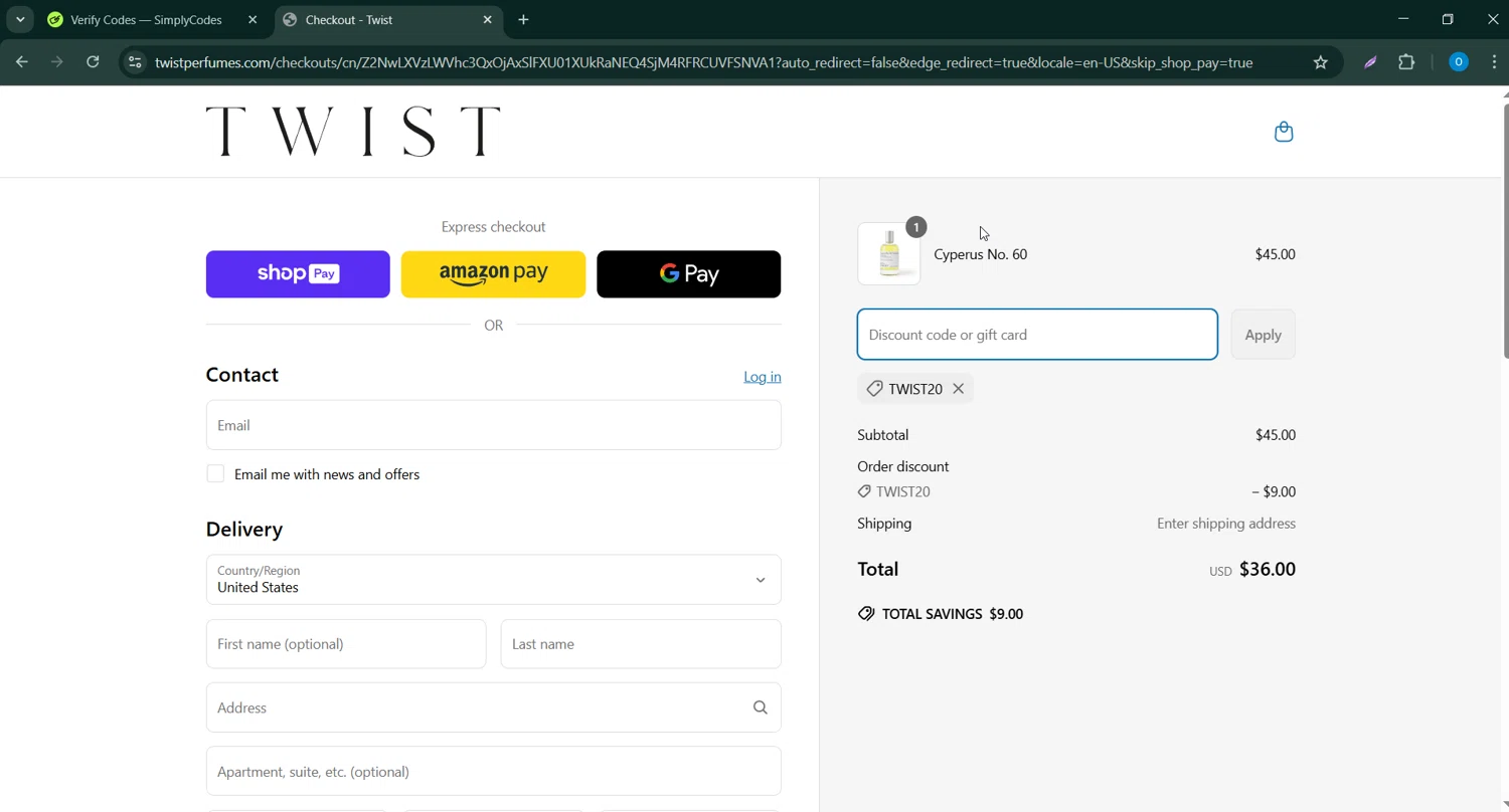 Twist Perfumes promo code screenshot showing code TWIST20 applied at Twist Perfumes checkout page. Uploaded by SimplyCodes community member Bernard_Lowe on Apr 3, 2025