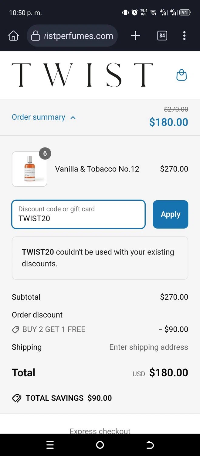 Twist Perfumes promo code screenshot showing code TWIST20 applied at Twist Perfumes checkout page. Uploaded by SimplyCodes community member LAPUTABESTIA on Apr 3, 2025